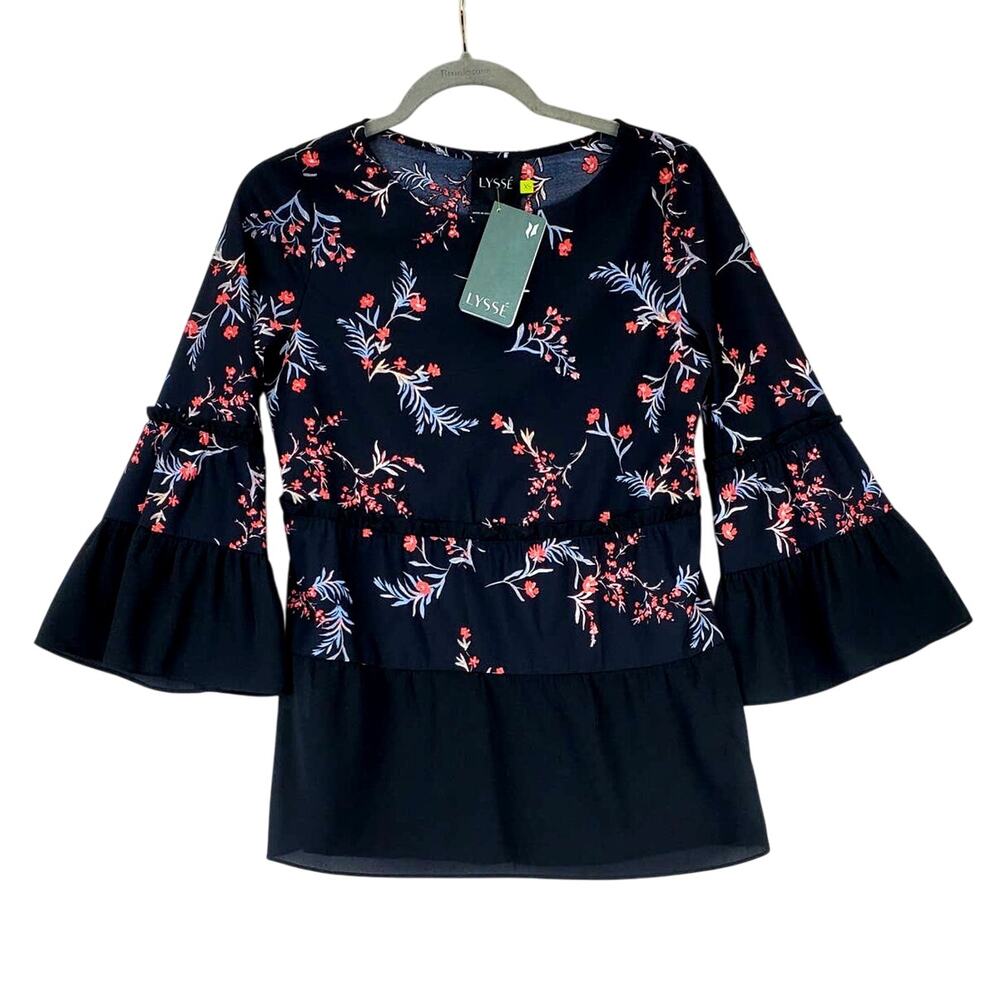 Lysse Black Floral Peplum Top XS Flounce Flutter Sleeves Whimsigoth Blouse NWT